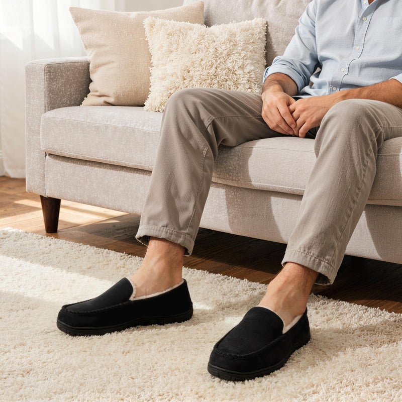 shoeslocker Mens Size 14 Slippers Mens Slippers Indoor Outdoor Warm Plush Black - Image 2